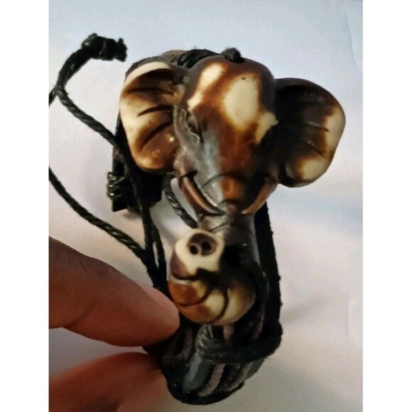 Leather Bracelet Elephant Black Woven Adjustable Unisex - Picture 1 of 4
